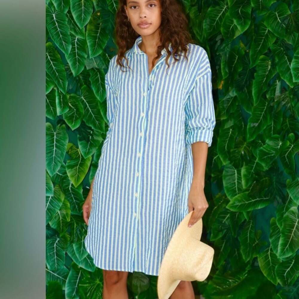 Felicite Apparel Tunic Dress Neon Yellow Stripe 100 % Cotton